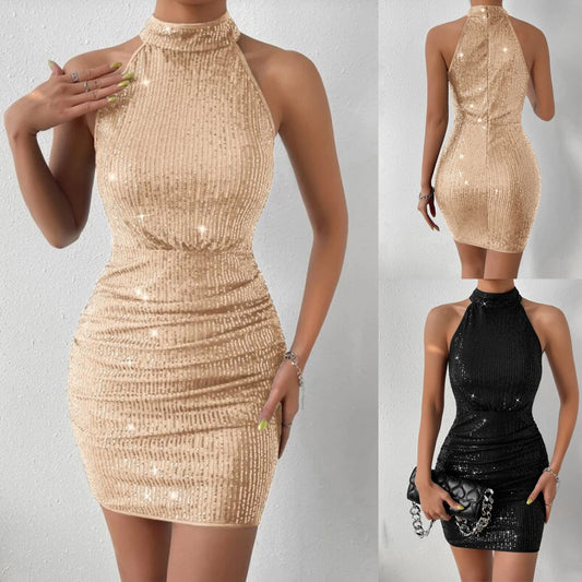 European And American Style Women Halter Pleated Sequins Tight Dress