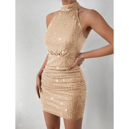 European And American Style Women Halter Pleated Sequins Tight Dress